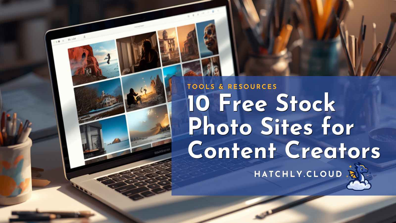 Free stock photo website gallery on a laptop. The text reads: 10 free stock photo sites for content creators. The text reads: Tools and resources - 10 free stock photo websites for content creators. Hatchly dot cloud.