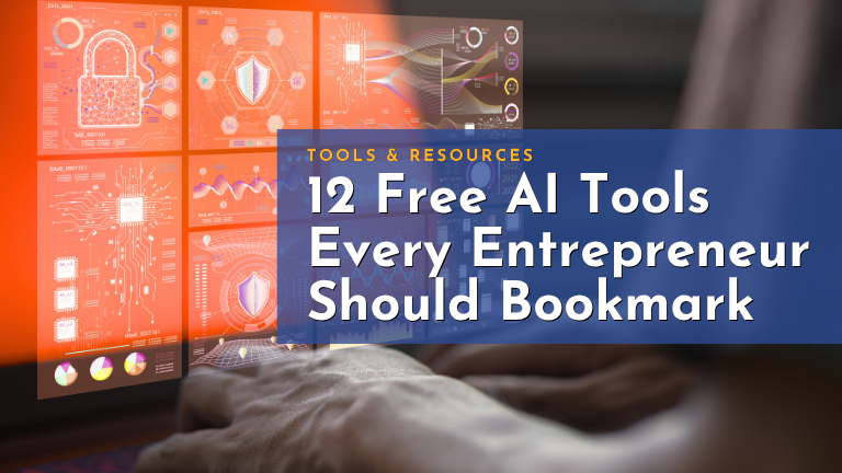Hands on a laptop with an analytic dashboard and data visualizations. The text reads: AI Tools - 12 free AI tools every entrepreneur should bookmark.