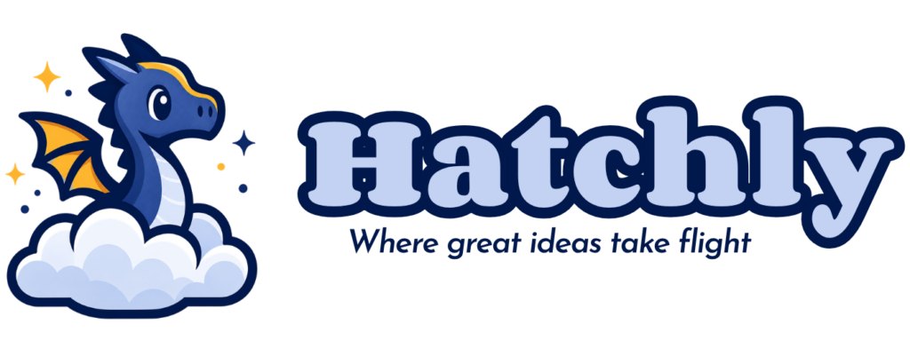 Logo of a dragon in a cloud along with Hatchly, where business ideas take flight