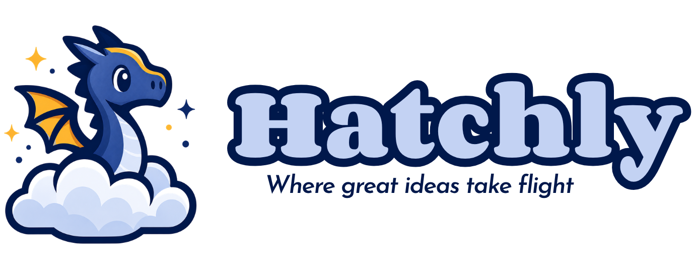 Logo of a dragon in a cloud along with Hatchly, where business ideas take flight